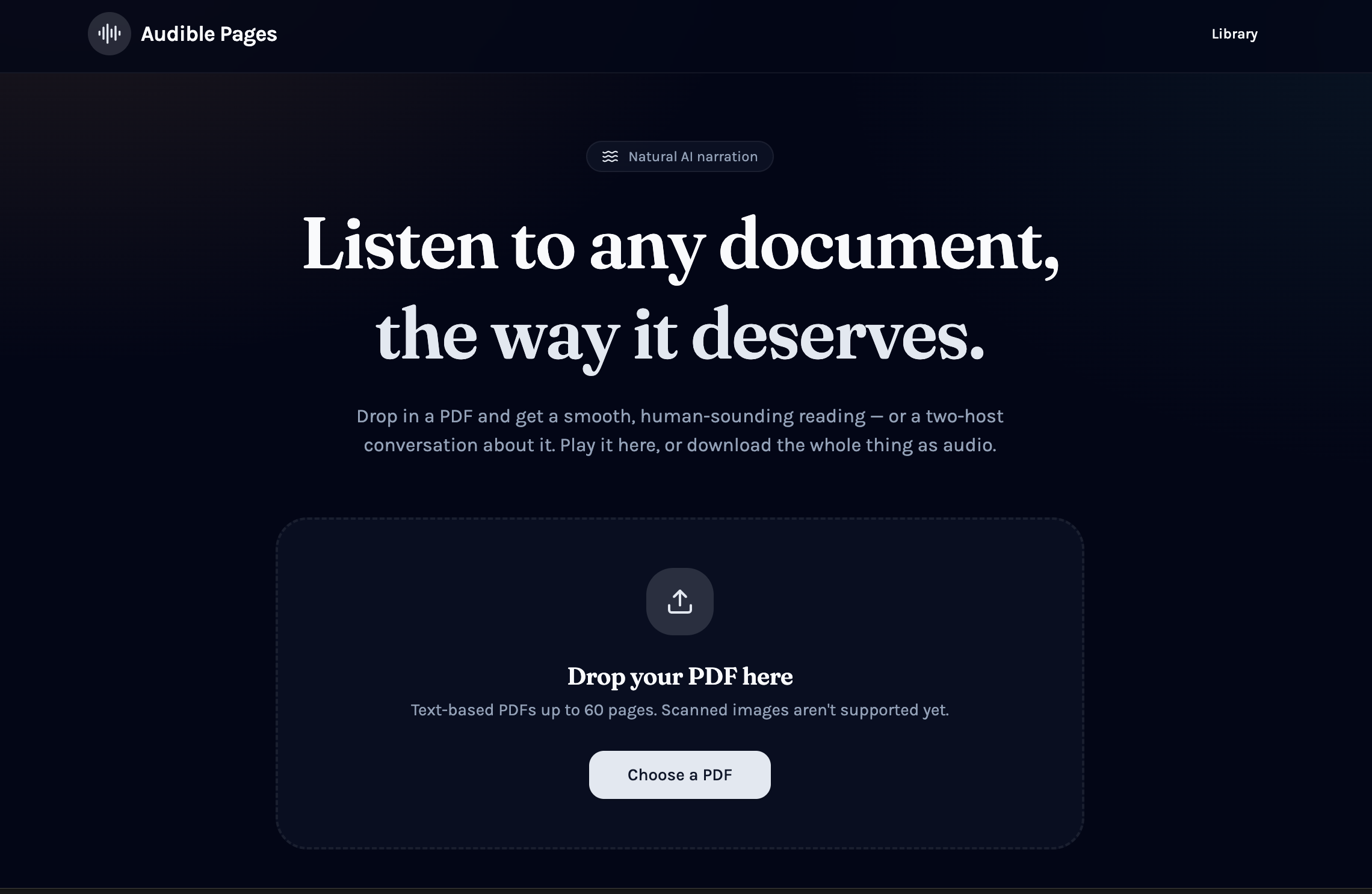 Audible Pages homepage with a PDF drop zone
