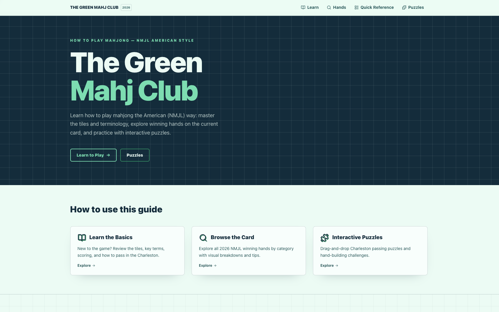 The Green Mahj Club homepage with links to learn the basics, browse the card and try interactive puzzles