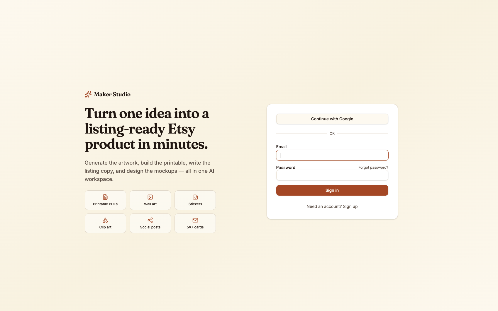 Maker Studio sign-in page: turn one idea into a listing-ready Etsy product in minutes