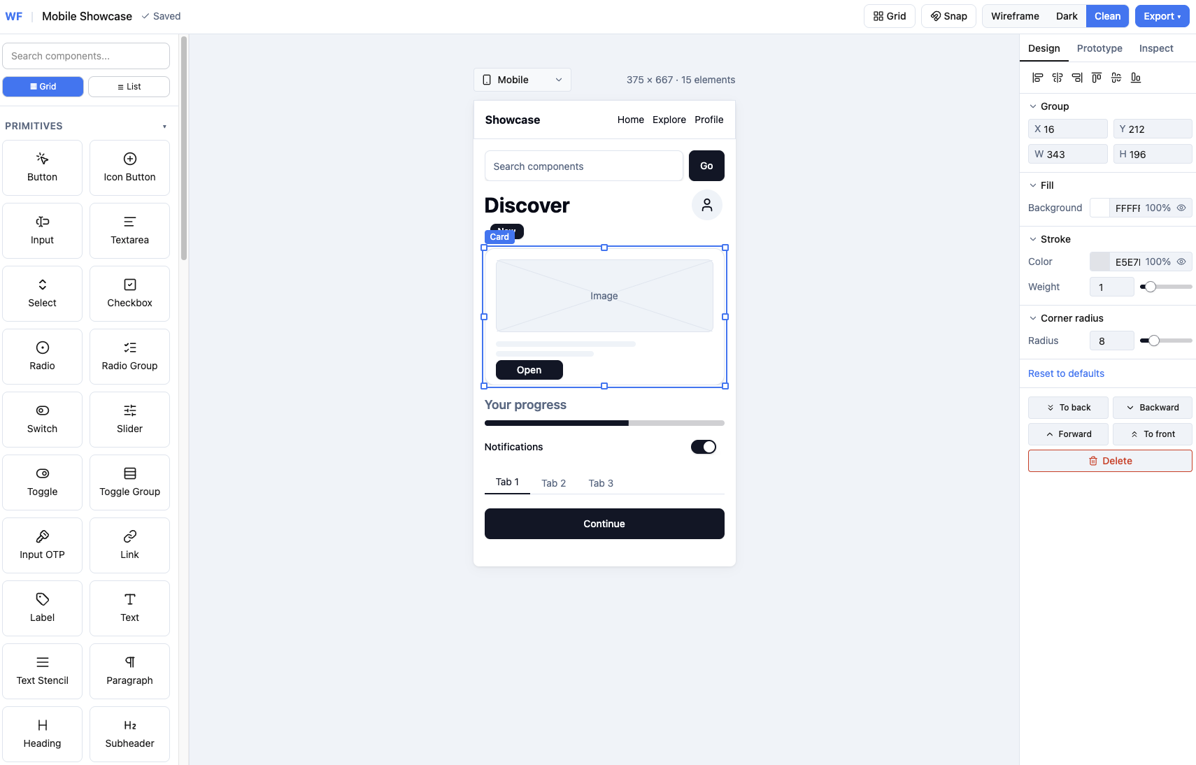 Pixel Perfect wireframe editor with component library, mobile canvas and property panel